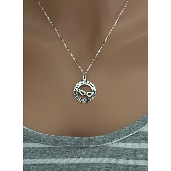 Sterling Silver New Orleans with Mardi Gras Mask Charm Necklace - Picture 2 of 5